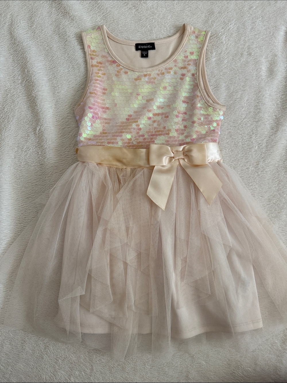 Zunie Iridescent Sequin Tulle Dress with Satin Bow